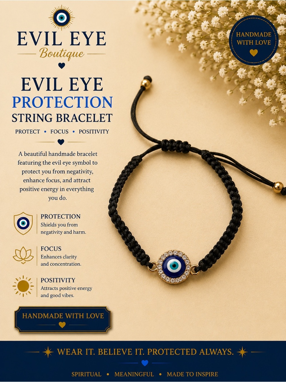 Evil Eye Protection String Bracelet - Black with Blue Eye